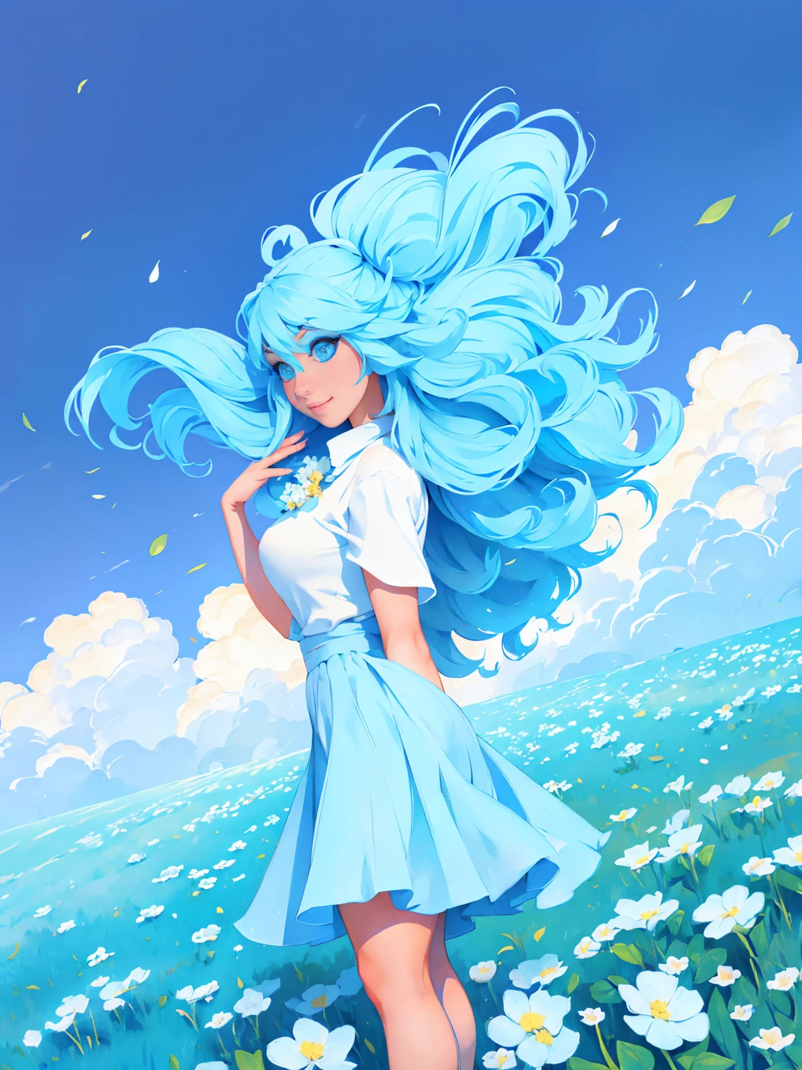 (absurdres, highres, ultra detailed, UHD, cinematic), solo, 1girl, mature, happy, girl standing in light blue flower field, light blue flower petal surrounding girl, full body, blue long hair girl, light blue hair, fantasy, dreamy, snowy, official art, pop art, profile, ultra detailed face, ultra detailed eyes, light blue flower field, ultra detailed field, white blue sky, cold, light blue, white, nebula in the sky, blue tree, watercolor, pastel color