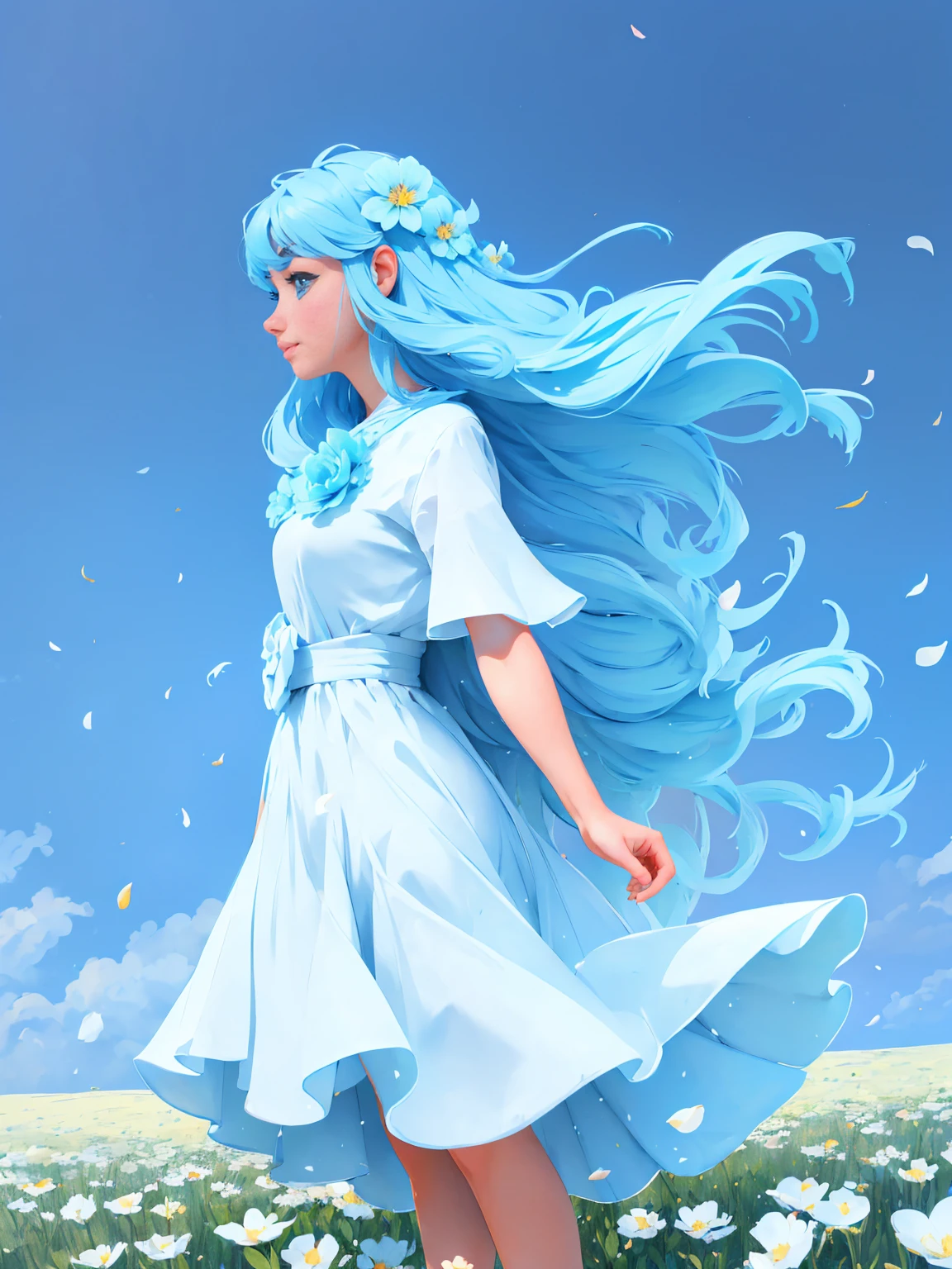 (absurdres, highres, ultra detailed, UHD, cinematic), solo, 1girl, mature, happy, girl standing in light blue flower field, light blue flower petal surrounding girl, full body, blue long hair girl, light blue hair, fantasy, dreamy, snowy, official art, pop art, profile, ultra detailed face, ultra detailed eyes, light blue flower field, ultra detailed field, white blue sky, cold, light blue, white, nebula in the sky, blue tree, watercolor, pastel color