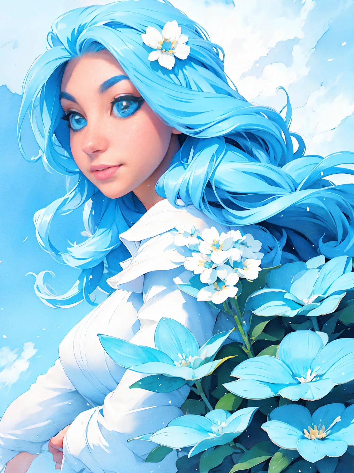 (absurdres, highres, ultra detailed, UHD, cinematic), solo, 1girl, mature, happy, girl standing in light blue flower field, light blue flower petal surrounding girl, full body, blue long hair girl, light blue hair, fantasy, dreamy, snowy, official art, pop art, profile, ultra detailed face, ultra detailed eyes, light blue flower field, ultra detailed field, white blue sky, cold, light blue, white, nebula in the sky, blue tree, watercolor, pastel color