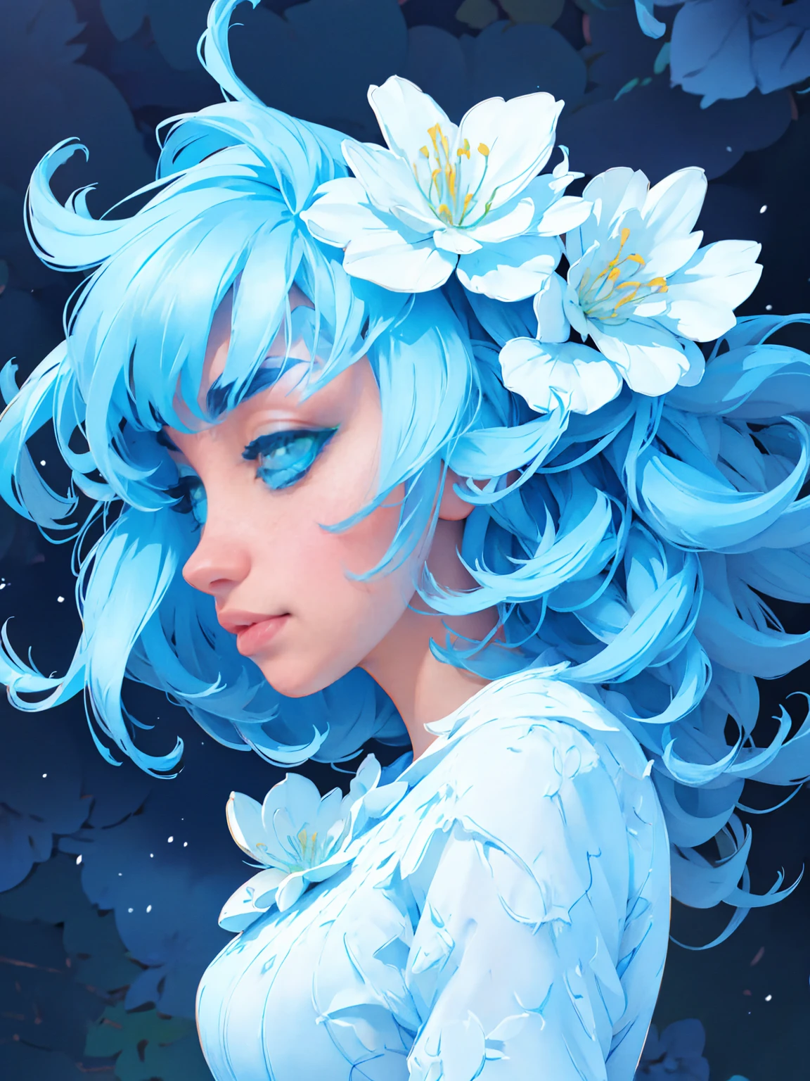 (absurdres, highres, ultra detailed, UHD, cinematic), solo, 1girl, mature, happy, girl standing in light blue flower field, light blue flower petal surrounding girl, full body, blue long hair girl, light blue hair, fantasy, dreamy, snowy, official art, pop art, profile, ultra detailed face, ultra detailed eyes, light blue flower field, ultra detailed field, white blue sky, cold, light blue, white, nebula in the sky, blue tree, watercolor, pastel color