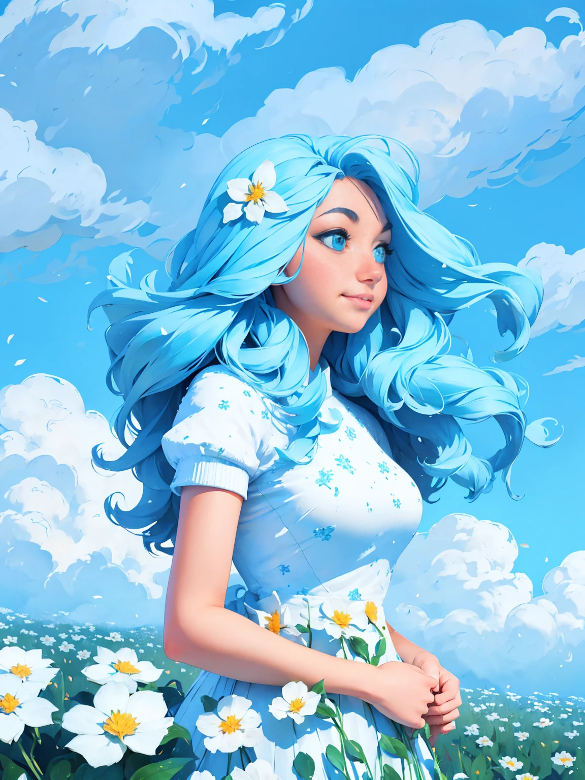 (absurdres, highres, ultra detailed, UHD, cinematic), solo, 1girl, mature, happy, girl standing in light blue flower field, light blue flower petal surrounding girl, full body, blue long hair girl, light blue hair, fantasy, dreamy, snowy, official art, pop art, profile, ultra detailed face, ultra detailed eyes, light blue flower field, ultra detailed field, white blue sky, cold, light blue, white, nebula in the sky, blue tree, watercolor, pastel color