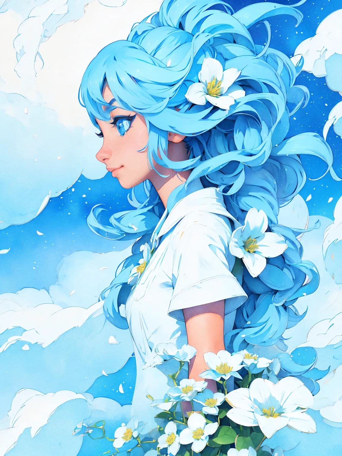 (absurdres, highres, ultra detailed, UHD, cinematic), solo, 1girl, mature, happy, girl standing in light blue flower field, light blue flower petal surrounding girl, full body, blue long hair girl, light blue hair, fantasy, dreamy, snowy, official art, pop art, profile, ultra detailed face, ultra detailed eyes, light blue flower field, ultra detailed field, white blue sky, cold, light blue, white, nebula in the sky, blue tree, watercolor, pastel color