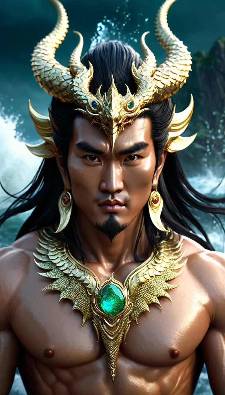 Portrait, extremely detailed close-up of the face, modeled after the legends of ancient Asian gods, taken from the waist up. The face of the god is a combination of modern beauty, combining the most prominent features of Thai, Korean, Hong Kong, Chinese movie stars. An extremely handsome face with strong features, sharp eyes, shining with supernatural power, seeing through the human heart, attracting viewers, somewhat cold eyes, powerful inner expression. Long, flowing black hair with interwoven sparkling dragon scales. Majestic dragon horns protrude from the forehead, curved and shiny. Muscles rippling with supernatural power, skin textured like delicate dragon scales. Wearing an exquisite gold necklace decorated with gemstones that glow with an inner light. In his hand, the male god holds an ancient, unusual weapon - perhaps a trident or a sword - radiating mystical, mythical energy. The god stands tall and majestic, a colossal figure of divine presence and supreme power in Asia. His posture exudes power and confidence, dominating the frame, dominating the dark, chaotic world. Behind the god, a stormy seascape with huge waves crashing violently, the sky is dark and ominous, filled with swirling storm clouds and thunder. The entire scene conveys a sense of his epic scale and divine power. Rendered in a surreal digital art style with dramatic lighting to enhance the fierce atmosphere and highlight his divine appearance. The image emphasizes the contrast between the calm, powerful demeanor of the god and the chaos of the elements around him that have been conquered and subdued.