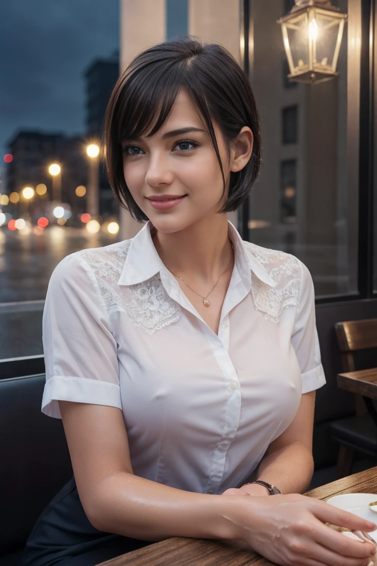 (8k, Best Quality, Masterpiece: 1.2), (Realistic, Photorealistic: 1.37), Super Detailed, 1 Girl, Cute, Alone, Beautiful Detailed Sky, Detailed Cafe, Night, Sitting, Date, ( Nose blush), (smile: 1.15), (close mouth) small breasts, beautiful details, (collared shirt: 1.1), night, wet, business wear, rain, white lace, (short hair: 1.2), floating Hair NovaFrogStyle,, Samantha