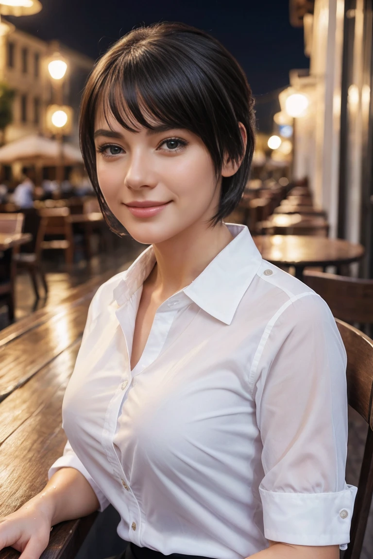 (8k, Best Quality, Masterpiece: 1.2), (Realistic, Photorealistic: 1.37), Super Detailed, 1 Girl, Cute, Alone, Beautiful Detailed Sky, Detailed Cafe, Night, Sitting, Date, ( Nose blush), (smile: 1.15), (close mouth) small breasts, beautiful details, (collared shirt: 1.1), night, wet, business wear, rain, white lace, (short hair: 1.2), floating Hair NovaFrogStyle,, Samantha