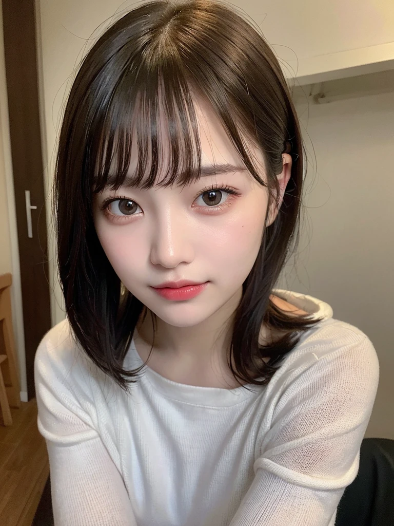 (masterpiece:1.3), (8k, Realistic, RAW Photos, Best image quality: 1.4), -yeld gi(Random Hairstyles:1.2)、Highly detailed face、Attention to detail、double eyelid、Sharp focus:1.2、Beautiful woman:1.4、Light brown hair、Highest quality、masterpiece、Ultra-high resolution、(Realistic:1.4)、Highly detailed and professional lighting、Brown Knight、thin、smile、Long black hair、Deadly position、Beautiful Skin、Random Pause、Shiny Hair、Sculpture model pose、knit