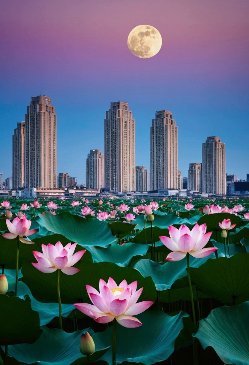 landscape scenery Lotus flower 池の中にいくつかのLotus flower 一本だけ大きくとても綺麗に咲いている池の中Lotus flower Large buildings in the distance The background is buildings Urban buildings Big Moon Highest quality 4K 8K Highest quality