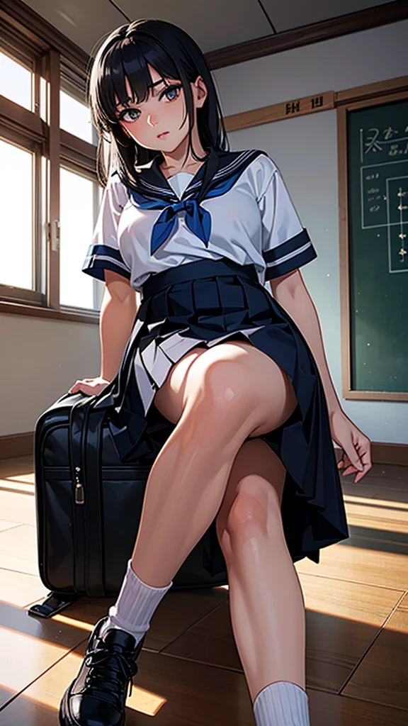 Beautiful attention to detail, Beautiful lip detail, Very detailed目と顔, Long eyelashes, 1 girl, Face close-up, inside the School, In the classroom, 18-year-old, Sweat, Dark skin, (Black Hair Semi-Long),dissatisfaction, Sulky, Sailor suit, Dark Blue, White shirt, Short sleeve, School, Dark Blue Skirt, Black Skirt, Knee-high socks, sneakers, School bag, Highest quality, 4K, 8k, High resolution, masterpiece:1.2, Very detailed, Realistic, photoRealistic, photo-Realistic:1.37, High resolution, 超High resolution, Studio Lighting, Ultra-fine painting, Sharp focus, Physically Based Rendering, Very detailed説明, Professional, Vibrant colors, Bokeh, Portraiture