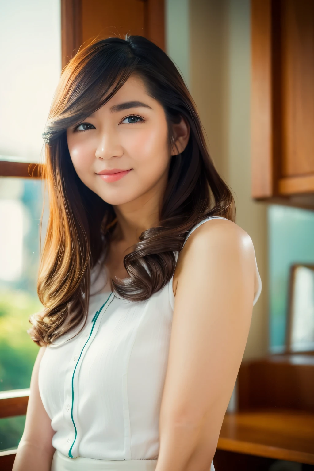 standing, leaning forward, (white office shirt, black short skirt), black tie, looking at camera, front view, long hair, bangs, (detailed face), at livingroom, potrait body, mouth closed, smiling, black eyes, 1 girl, 20yo,Young female,Beautiful Finger,Beautiful long legs,Beautiful body, Beautiful Nose,Beautiful character design, perfect eyes, perfect face,expressive eyes,perfect balance, (looking at viewer), official art,extremely detailed CG unity 8k wallpaper, perfect lighting,Colorful, Bright_Front_face_Lighting,White skin, (masterpiece:1.0),(best_quality:1.0), ultra high res,4K,ultra-detailed, photography, 8K, HDR, highres, absurdres:1.2, Kodak portra 400, film grain, bokeh:1.2, lens flare, (vibrant_color:1.2),professional photograph, (Beautiful,huge_Breasts:1.4), (beautiful_face:1.5),(narrow_waist)