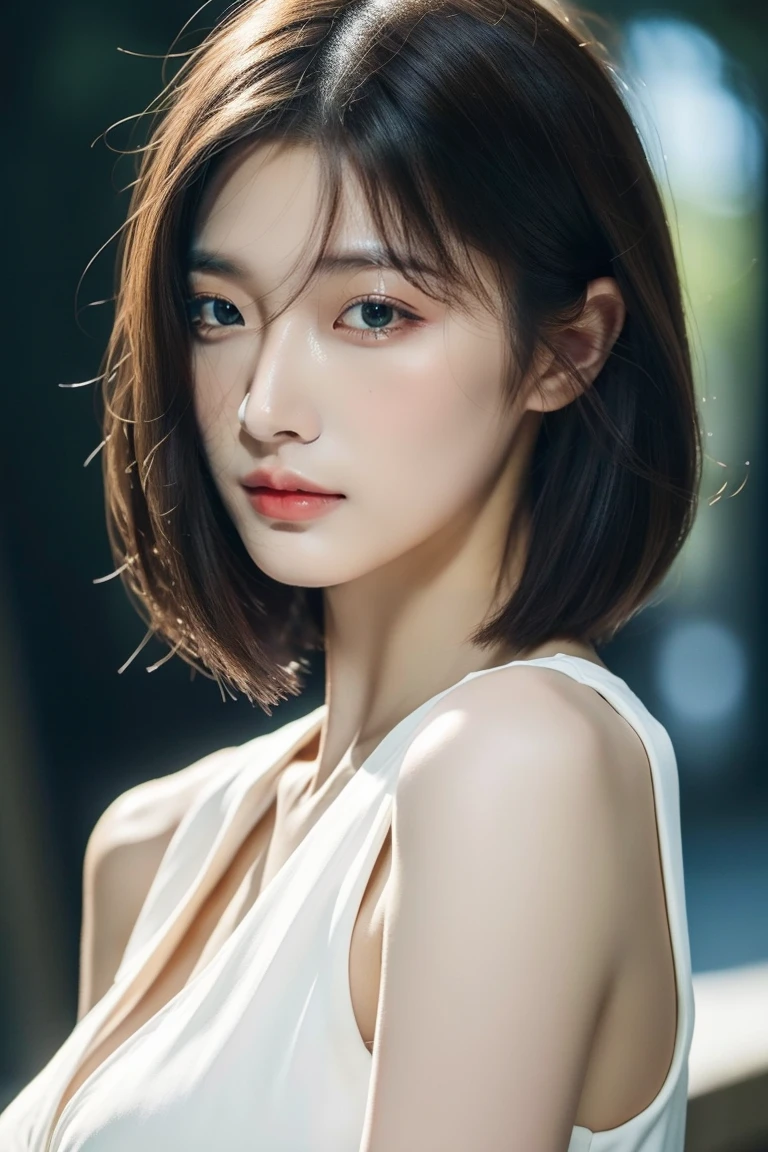 best quality, high detail, High resolution, HD, 16K,Close-up photo of girl with short shoulder length brunette hair wearing suit, Ultra-clear, Exquisite and flawless face, truly delicate skin, Beautiful big breasts, Eyes are delicate and clear, look at screen, simple, (simple紅色背景)