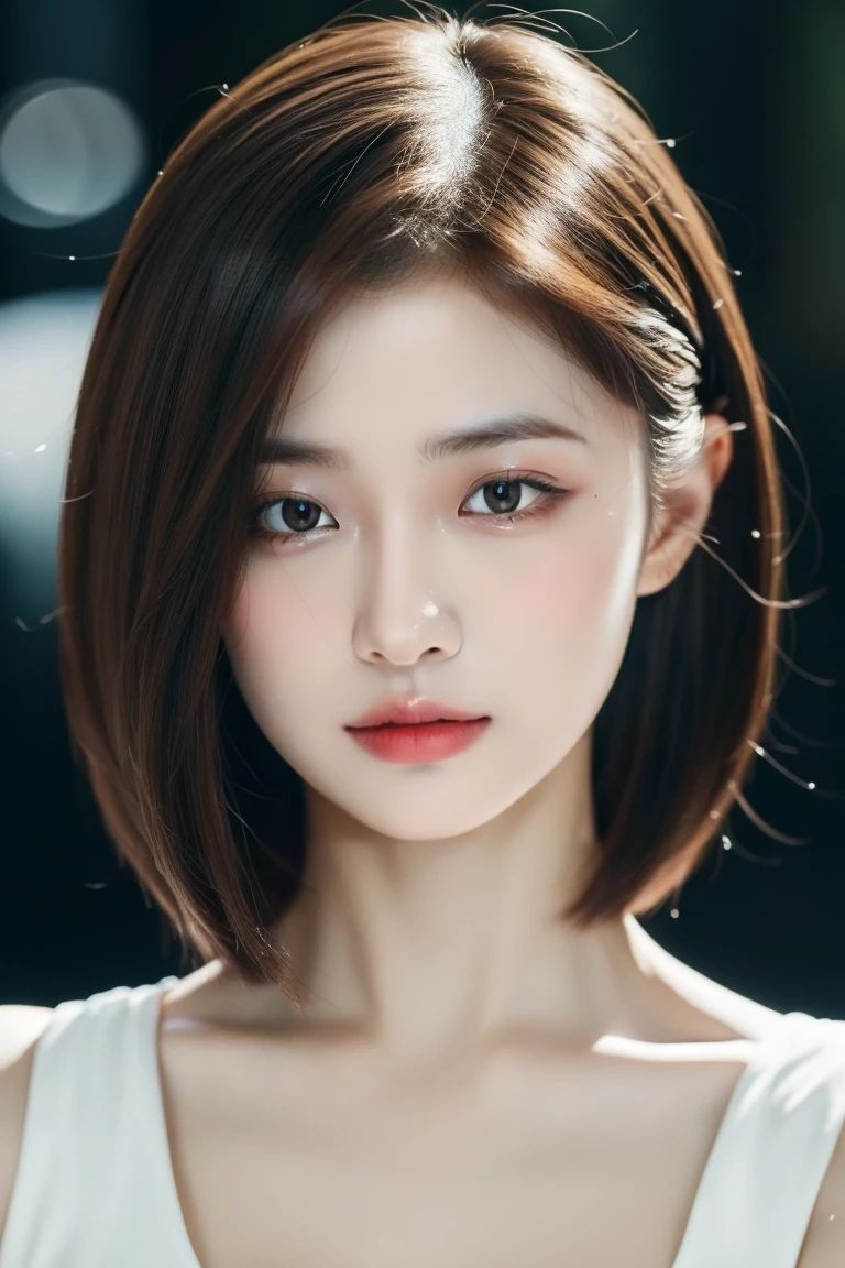 best quality, high detail, High resolution, HD, 16K,Close-up photo of girl with short shoulder length brunette hair wearing suit, Ultra-clear, Exquisite and flawless face, truly delicate skin, Beautiful big breasts, Eyes are delicate and clear, look at screen, simple, (simple紅色背景)