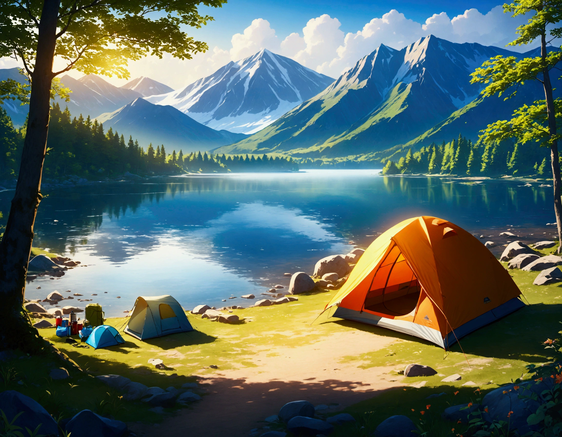 lake,camp site,The view is great.,tent,Camping Goods,Highest quality, 8k, High resolution, masterpiece:1.2, Very detailed, Realistic:1.37, High resolution, 超High resolution, Very detailed, Professional, Vibrant colors