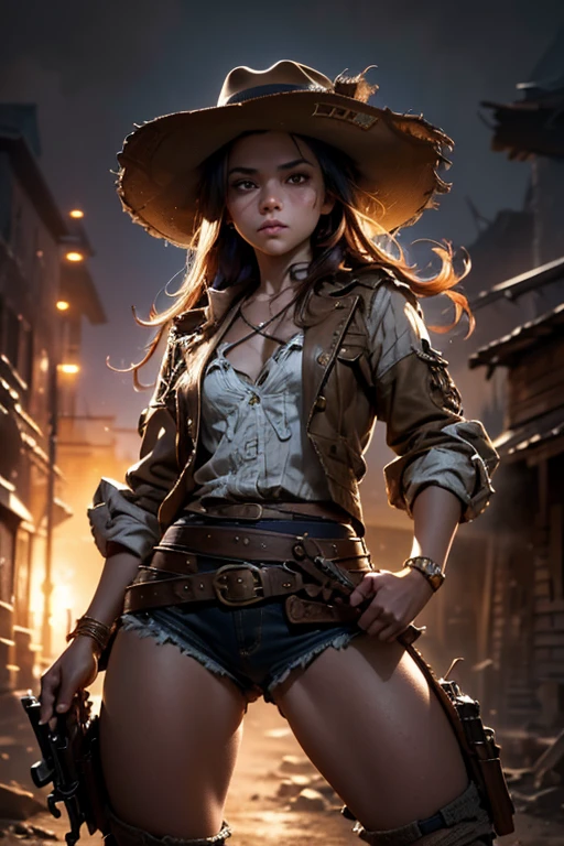 1girl, wild west setting, girl wears wild west Indiana Jones outfit, high boots, cowboy hat, armed with a gun, small breats, detailed face, combat stance, mean look, highly detailed, vibrant appearance, creative behavior, extremly detailed, imaginative, , spontaneous, highest quality, skin texture, intricate details, (cinematic lighting), RAW photo, 8k, masterpiece,best quality,ultra-detailed,very detailed illustrations,extremely detailed,intricate details,highres,super complex details,extremely detailed 8k cg wallpaper,
