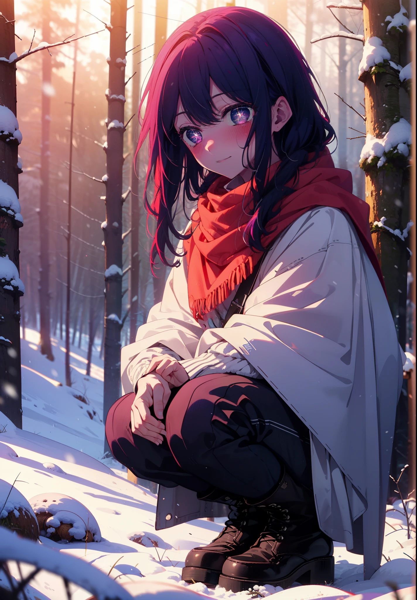 aihoshino, Ai Hoshino, Long Hair, bangs, (Purple eyes:1.1), Purple Hair, (Symbol-shaped pupil:1.5), smile,,smile,blush,white breath,
Open your mouth,snow,Ground bonfire, Outdoor, boots, snowing, From the side, wood, suitcase, Cape, Blurred, , forest, White handbag, nature, Squat, Mouth closed, Cape, winter, Written boundary depth, Black shoes, red Cape break looking at viewer, Upper Body, whole body, break Outdoor, forest, nature, break (masterpiece:1.2), Highest quality, High resolution, unity 8k wallpaper, (shape:0.8), (Beautiful and beautiful eyes:1.6), Highly detailed face, Perfect lighting, Highly detailed CG, (Perfect hands, Perfect Anatomy),