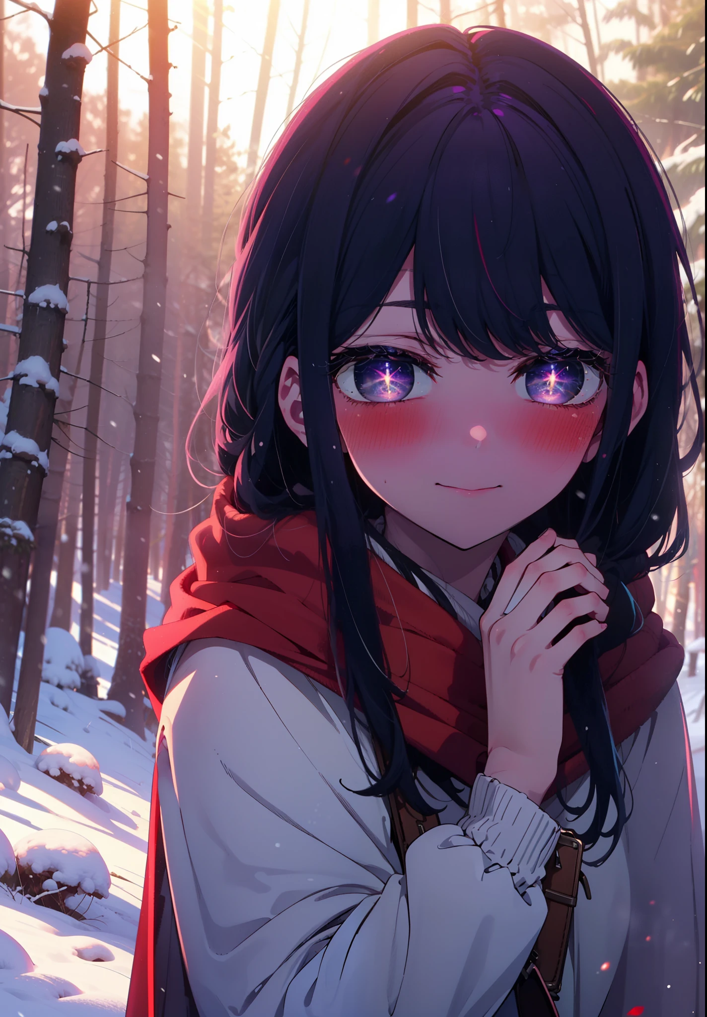 aihoshino, Ai Hoshino, Long Hair, bangs, (Purple eyes:1.1), Purple Hair, (Symbol-shaped pupil:1.5), smile,,smile,blush,white breath,
Open your mouth,snow,Ground bonfire, Outdoor, boots, snowing, From the side, wood, suitcase, Cape, Blurred, , forest, White handbag, nature, Squat, Mouth closed, Cape, winter, Written boundary depth, Black shoes, red Cape break looking at viewer, Upper Body, whole body, break Outdoor, forest, nature, break (masterpiece:1.2), Highest quality, High resolution, unity 8k wallpaper, (shape:0.8), (Beautiful and beautiful eyes:1.6), Highly detailed face, Perfect lighting, Highly detailed CG, (Perfect hands, Perfect Anatomy),