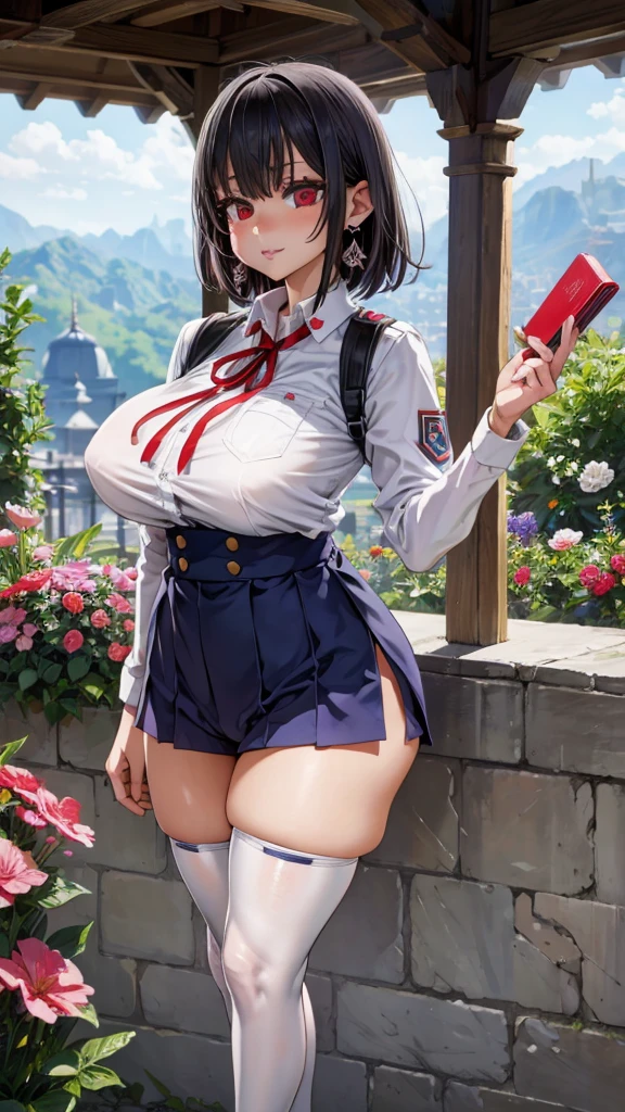 Face Focus , ((Highest quality)), ((Tabletop)), Perfect Face, （((White knee-highs))) ,   Official Art,Black knee-high socks,Beautiful Face,Standing posture,White tights,((((Thick thighs)))),short hair,Black Hair,Plump,Earrings,(Huge breasts),Standing posture,valley,Shorts,Outdoor,garden,Red Eyes,((((uniform)))),Very detailed, Textured skin, Ultra high definition, saliva, Ahegao, Red face, 