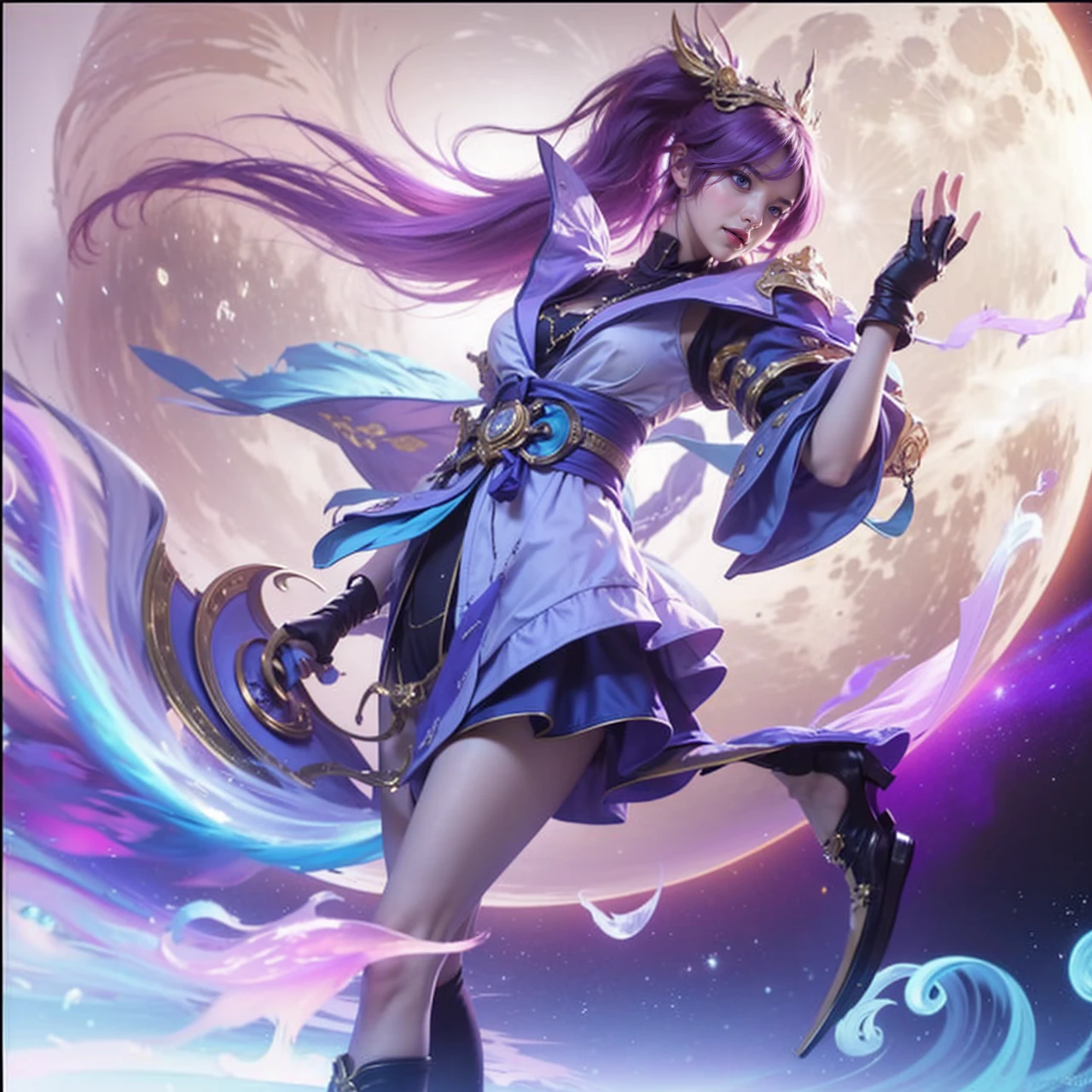 The image is a digital artwork featuring a female character with long purple hair and blue eyes, dressed in a blue and purple outfit with a gold emblem, standing in front of a large moon with a crescent shape.