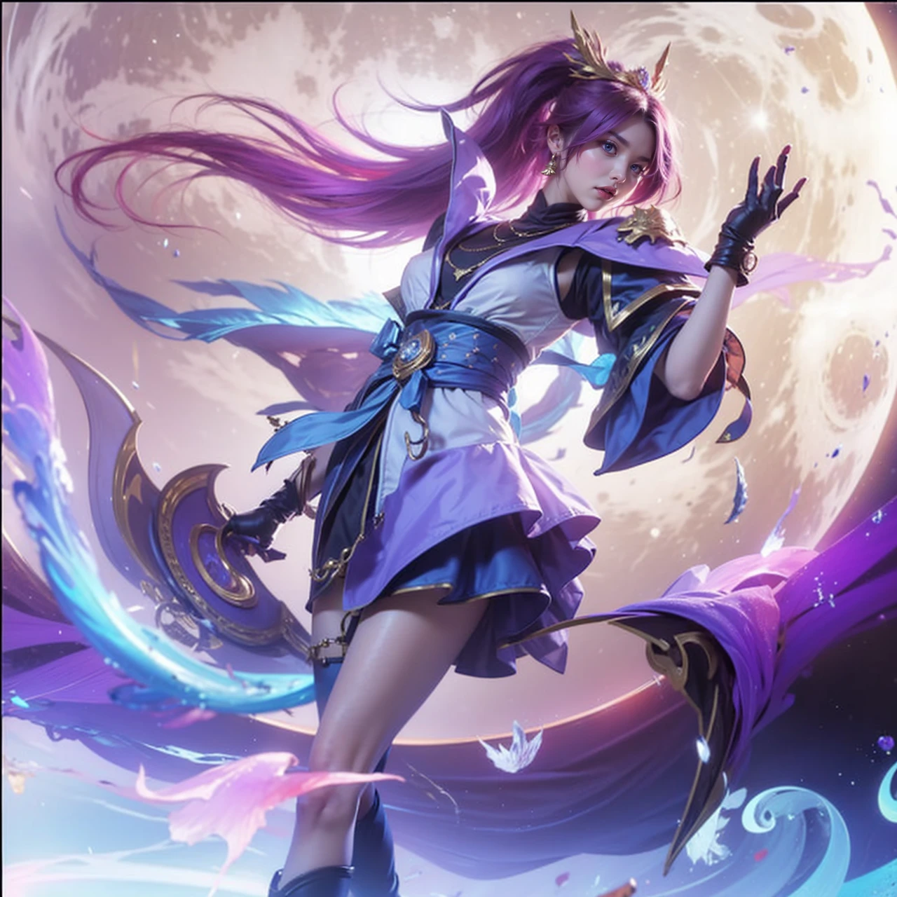 The image is a digital artwork featuring a female character with long purple hair and blue eyes, dressed in a blue and purple outfit with a gold emblem, standing in front of a large moon with a crescent shape.