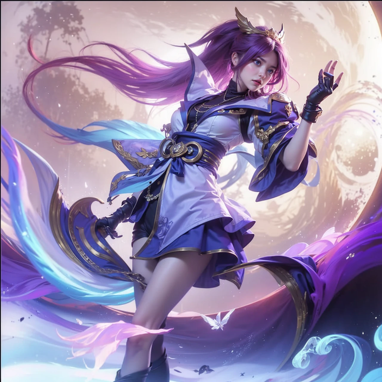 The image is a digital artwork featuring a female character with long purple hair and blue eyes, dressed in a blue and purple outfit with a gold emblem, standing in front of a large moon with a crescent shape.