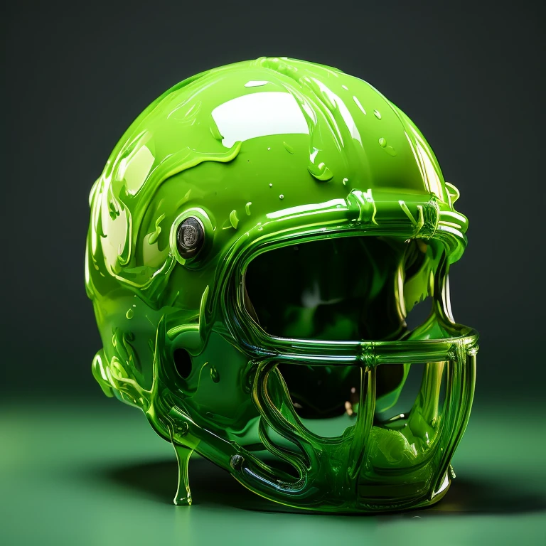 a close up of a green football helmet with a dripping paint on it, helmet made of glass, glass helmets, glass bubble helmet, stylized motorcycle helmet, rendered in octane 3d, rendered in cinema 4 d octane, hyper realistic octane render, airbrush render, realistic octane render, detailed helmet, rendered in octane, octane photoreal 3 d render