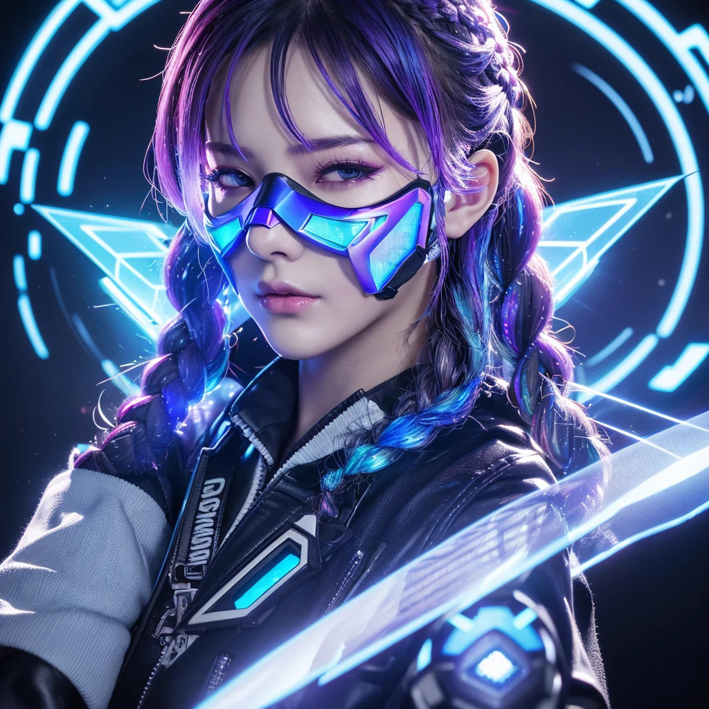 1 fighting girl,(Wearing a full coverage techpunk mask:1.5),(Transparent holographic helmet:1.2),Mechanical Arm,Detailed face close-up,Summoning Circle Cave,Futurism,Projection Holographic Display,Blue Holographic Halo Lagador Ring,All-over fluorescent colors surrounded by holographic ribbon, Special effects,3D Art,3D Rendering, Octane Rendering, Unreal Engine,Ultra-realistic,Rich background, Realistic details, Detailed Description,Fine details. High resolution, White and purple gradient hair, (Braided hair 150cm:1.4)