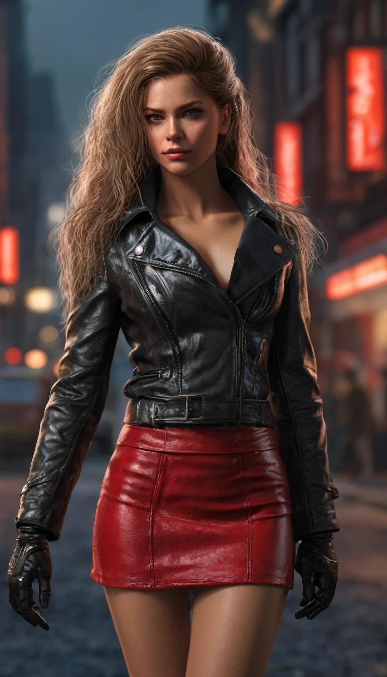 ultra-realistic, hyper-realistic photography, digital style Canon R5 f8.0, light on messy hair , red leather mini skirt, red leather gloves, scene set at night in an illuminated city, full facial portrait provided, gray eyes clear and bright, 24k, intricate details, highly detailed, skin with pores and fluff, symmetrical, strong left side lighting art by vladimir volegov and Fabian Perez, art style by Edith Lebeau, light from long messy hair , looking at the camera in different positions, Riccardo Federici intricate art masterpiece detailed face matte painting film poster golden ratio trending on cgsociety intricate epic trending on artstation by artgerm h. r. Giger and Beksinski, very detailed and vibrant production cinematic representation of characters, extremely high quality model requested by art Spencer,