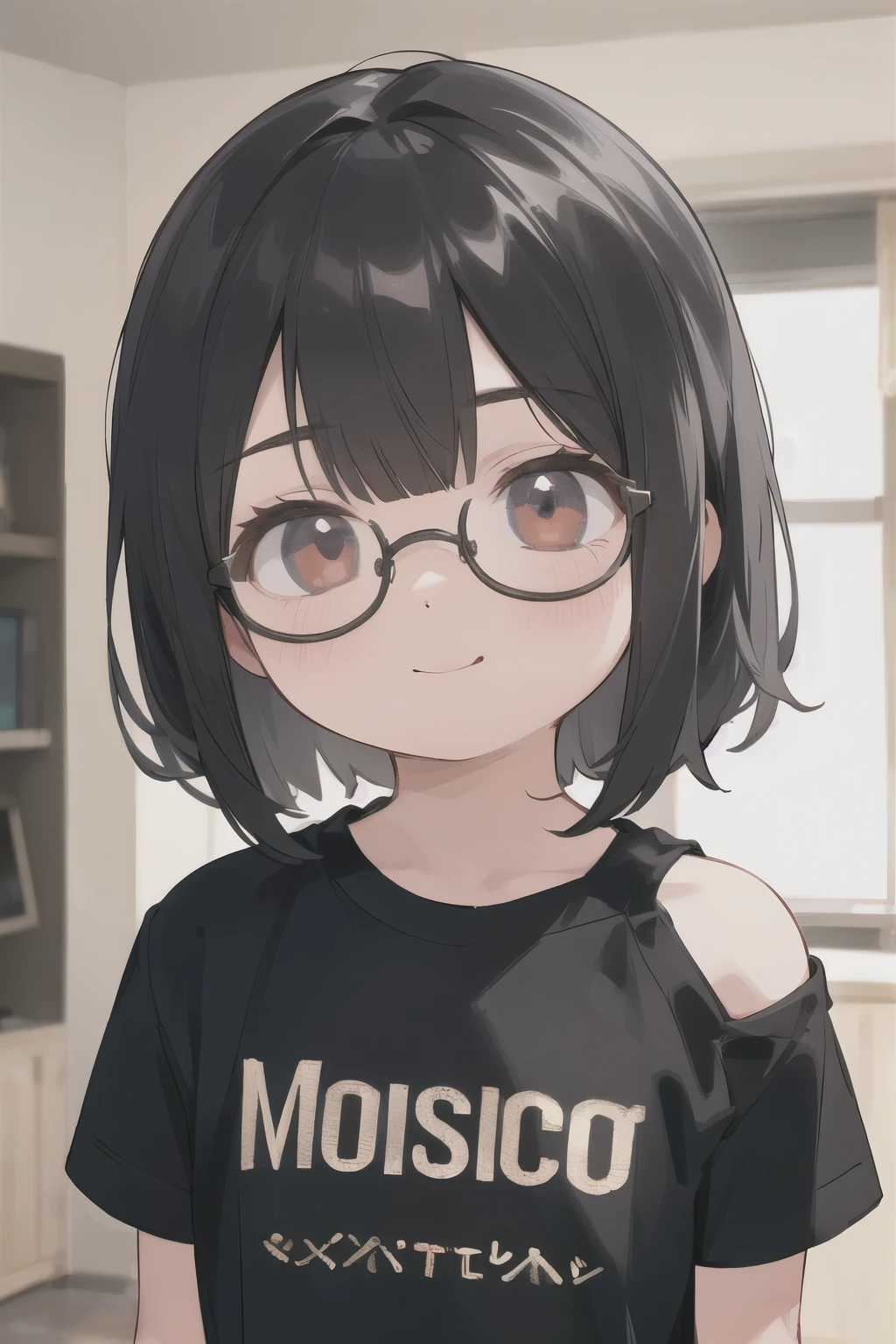 , whole body, He is wearing a black T-shirt with the word NEET on it., Round Glasses,Bronze Hair, Bob hair up to the shoulders, shrine, Perfect quality, Clear focus (Clutter - Home: 0.8), (masterpiece: 1.2) (Realistic: 1.2) (Bokeh) (Highest quality) (Detailed skin: 1.3) (Intricate details) (8k) (Detail Eyes) (Sharp focus), (Happy (Highest quality, 8k, 32K, masterpiece, Ultra-high resolution: 1.2),
