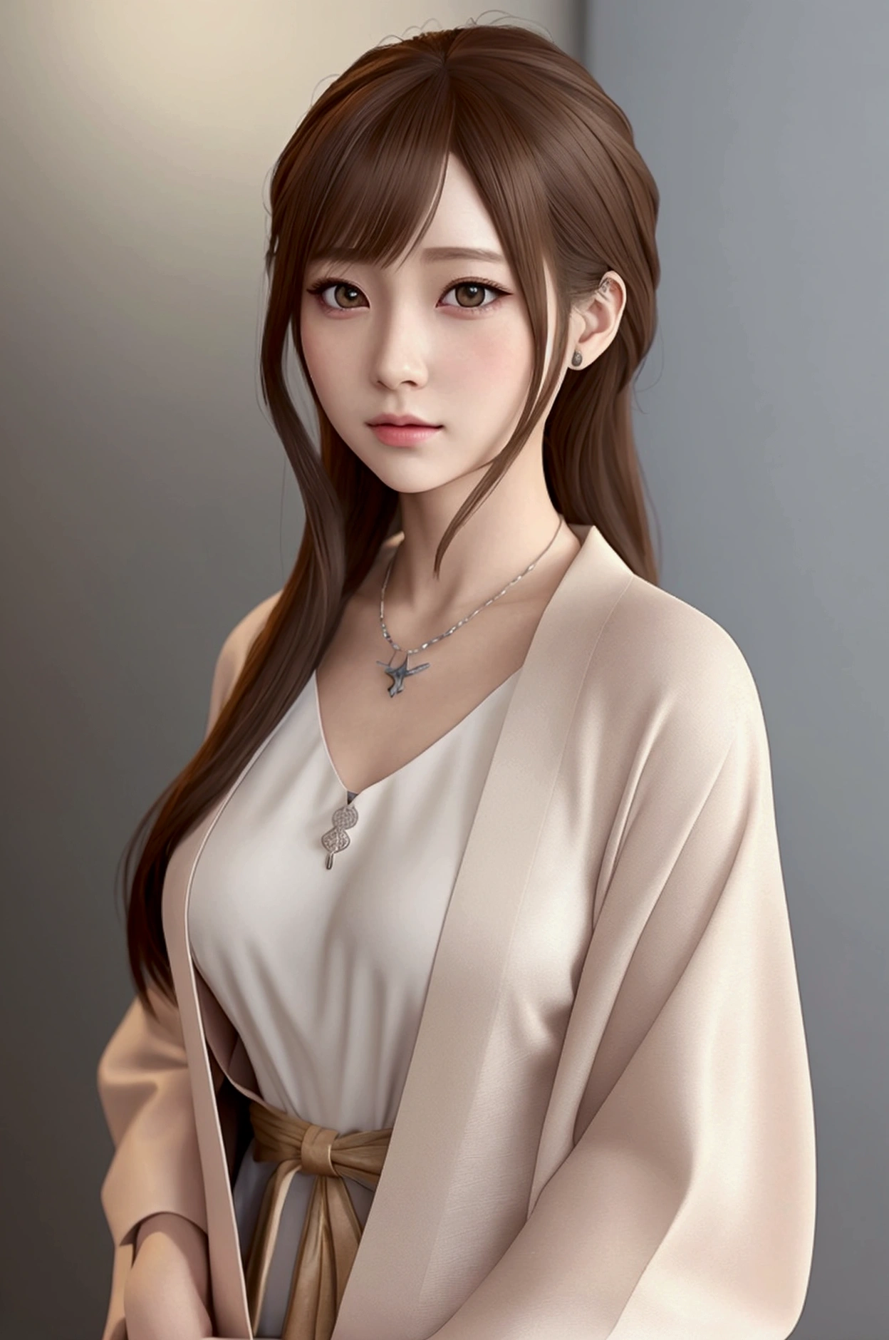 The Final Illusion (Yuna) Anime girl with brown hair and white kimono dress holding necklace, beautiful figure painting, Soft anime CG art, Realistic anime art style, Beautiful anime portrait, Beautiful anime woman, Realistic anime girl rendering, Makoto Shinkai and Artgerm, Realistic 3D anime style, Anime realistic style, Anime style digital art, beautiful anime girl