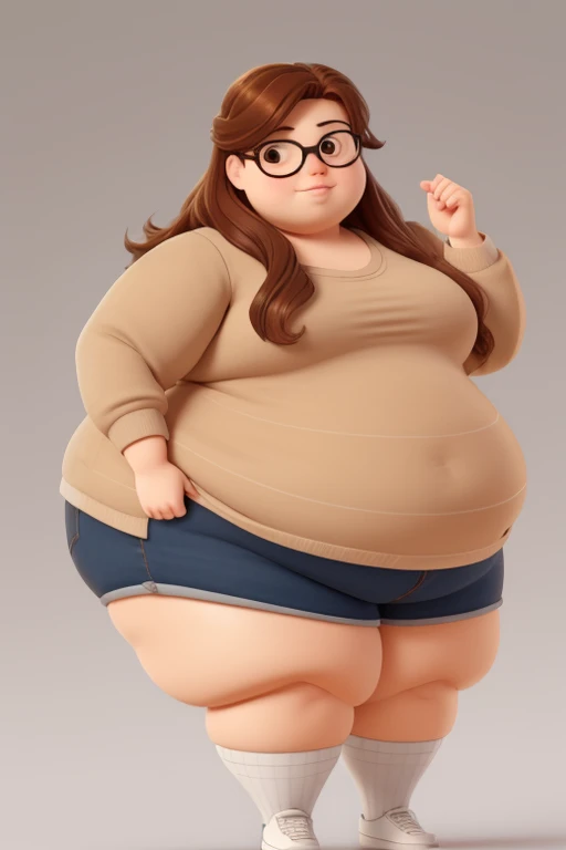 An 18 year old woman Fat woman , with long brown hair, Round face, charmer smile, and brown eyes, wearing glasses, With a big body, wide and thick and fat, with clothes that fit your size.