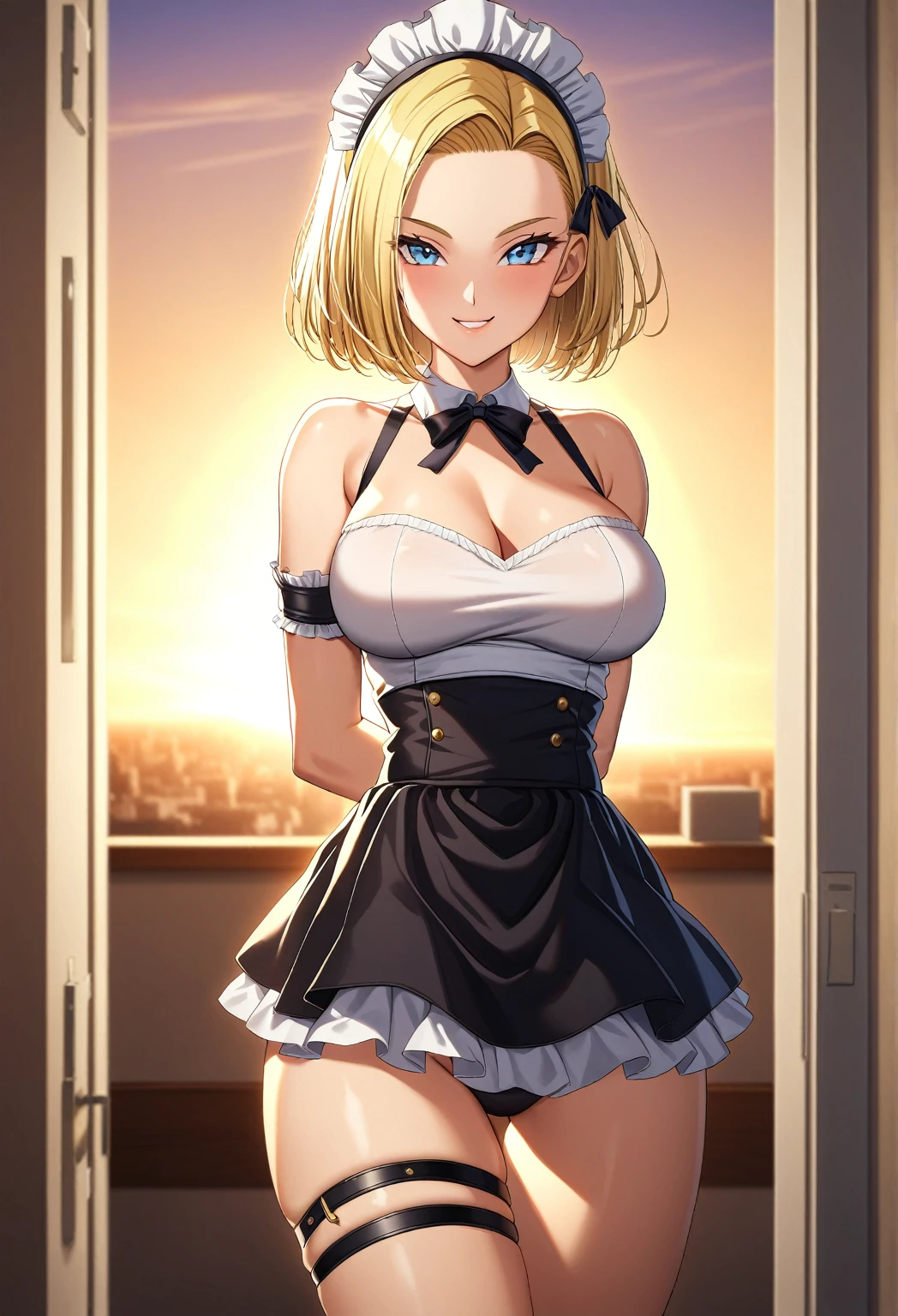 sysdeep_android18, 1girl, solo, breasts, looking_at_viewer, smile, short_hair, blue_eyes, blonde_hair, (highly detailed skin), (golden hour), photographic, gorgeous, glamourous , large breasts, bedroom, cowboy shot, arms behind back, thigh strap, maid headdress, wrist cuffs,