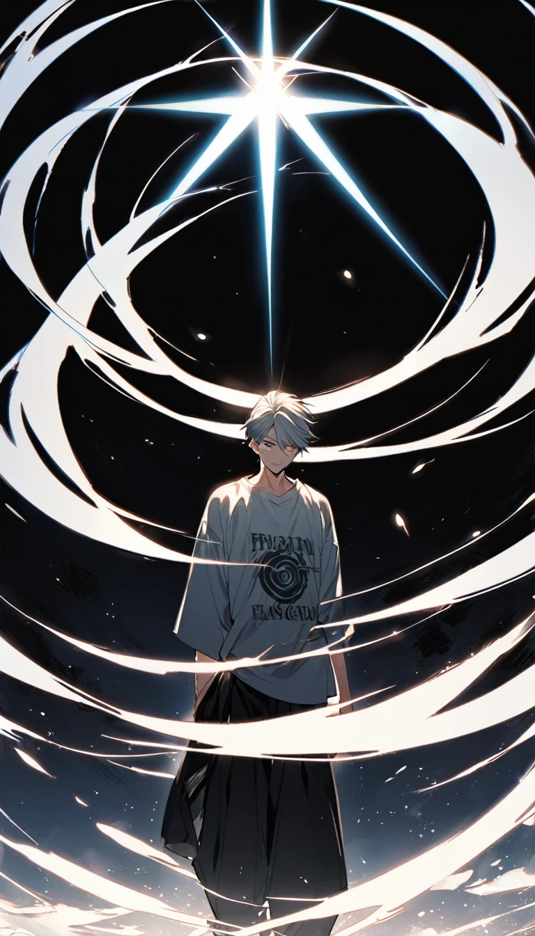 photo of a handsome young adult anime character in the series. manga from(Jujutsu kaisen) named "fusiguro megumi" with her Jujutsu kaise shirt, black and black Jujutsu kaisen pants, and with a black background, and a line of white light shining in a circle above her head. accompany the enveloping religious effect of sparkling light.