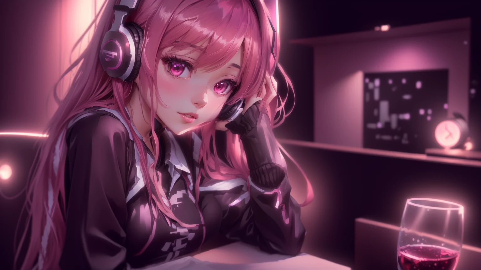 Anime Girls with headphones sitting at a table with a glass of wine, Nightcore, Anime Style 4 k, Anime atmosphere, Anime Style. 8k, LOFI Girl, 4k anime wallpaper, anime wallpaper 4k, anime wallpaper 4k, an Anime Girls, young Anime Girls, Anime Girls, Anime Moe Art Style, Cute girl anime visuals