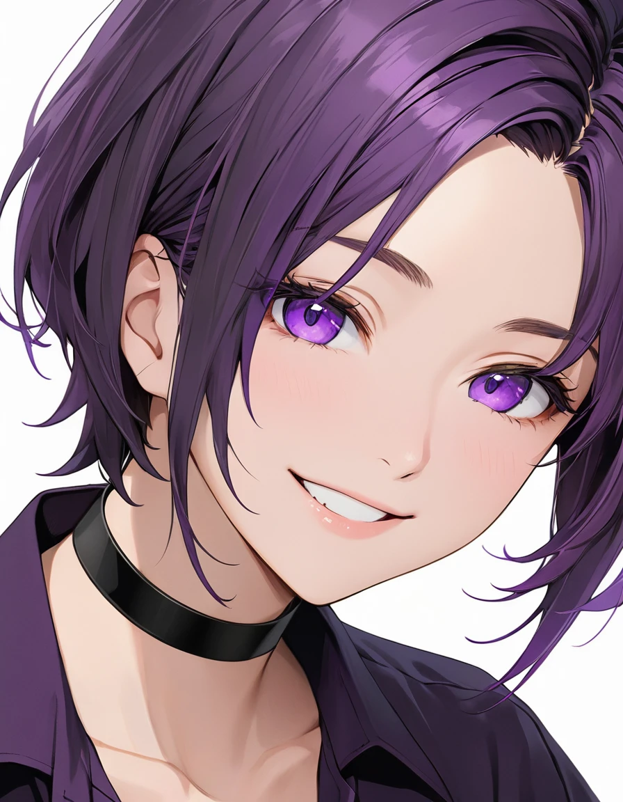 High-resolution anime digital art, Masterpiece, upper body, tomboy, mature, sexy, smart, short hair color pitch black, real detail eyes pupil purple, long purple plain shirt, black chokers, Happy face (simple background, white background)
