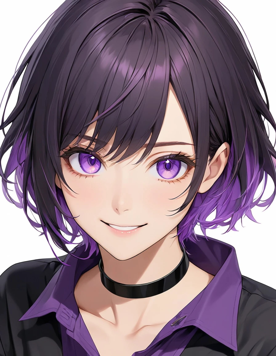 High-resolution anime digital art, Masterpiece, upper body, tomboy, mature, sexy, smart, short hair color pitch black, real detail eyes pupil purple, long purple plain shirt, black chokers, Happy face (simple background, white background)