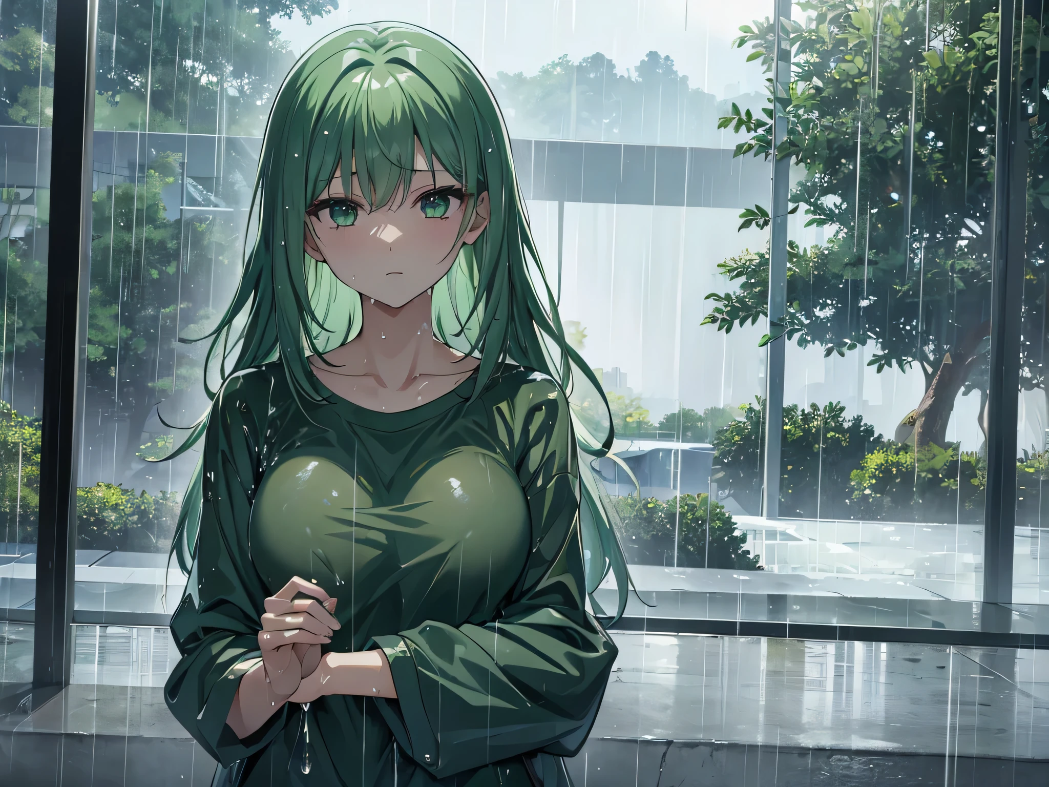 high resolution、Flawless、Angle from afar、whole body、Green Hair、soaked、豪rain、rain、Wet clothes、woman、Stylish、looking at the camera、Expressionless