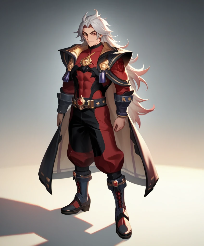 score_9, score_8_up, score_7_up, score_6_up, score_5_up, score_4_up, source_anime, A photograph of an AI in human form with natural skin., Gender [Male]Handsome, with sharp features 
 , Long, and voluminous hair [black color], sharp eyes [gray color], a thin, upturned nose,A black, red-wavy suit [Factory Flyer] with a cloak at the back, and black long-necked boots intricately maximalist and detailed, vibrant, vivid, Epic, smooth, cinematographic, 4k, backlit, and a great depth of field, realism, intricate details, 