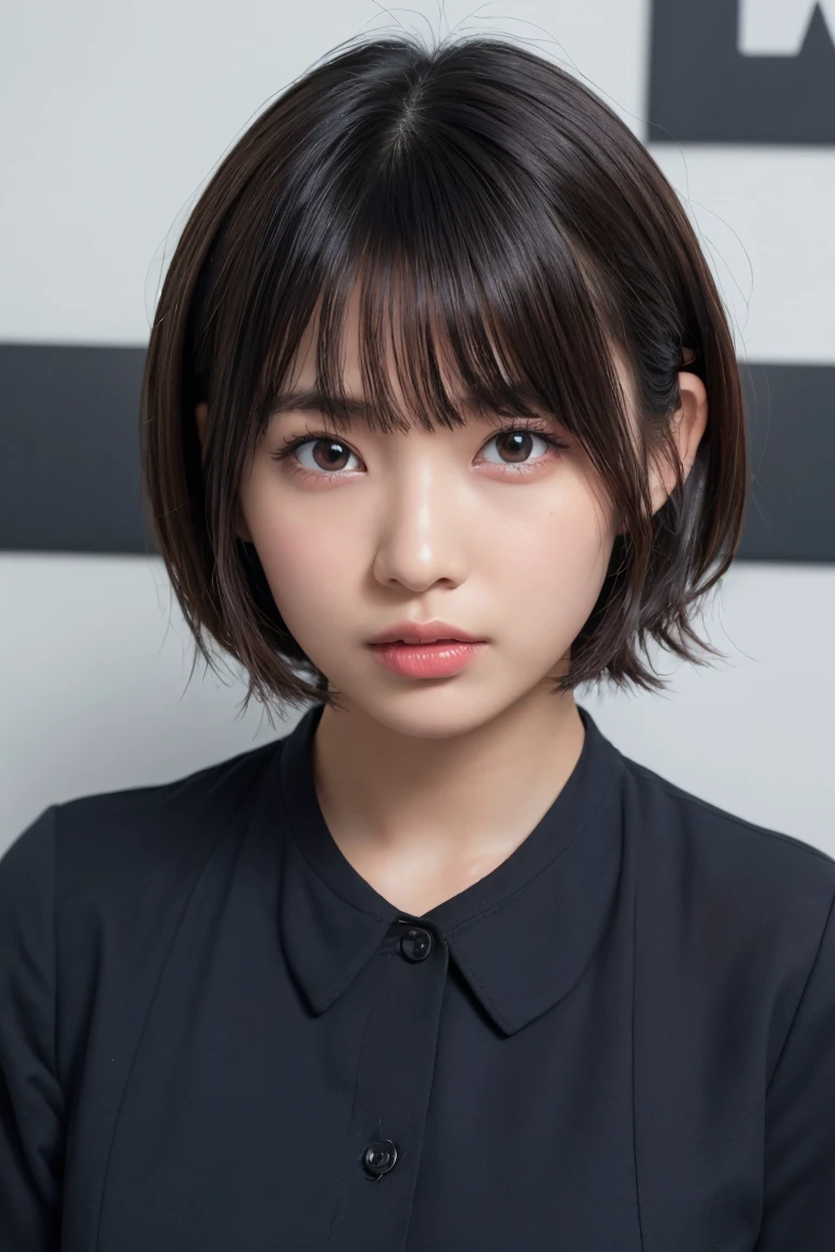 ((Highest quality、8k、masterpiece:1.3))、Beautiful woman、One Girl、(Cute baby turtle)、Slim Abs:1.1、White Button Down Blouse、((short hair))、Detailed facial features、Highly detailed lips、Detailed eyes、double eyelid、(Neat bangs.1.3)、Dark brown hair、Large Eyes、Seductive lips、The corners of the mouth turn up、black eye、street、cute asian face, Beautiful Japanese girl face, Short fine hair,With bangs,, Shirahime cut hairstyle、Narrow eyes、(A grown-up 30-year-old)、