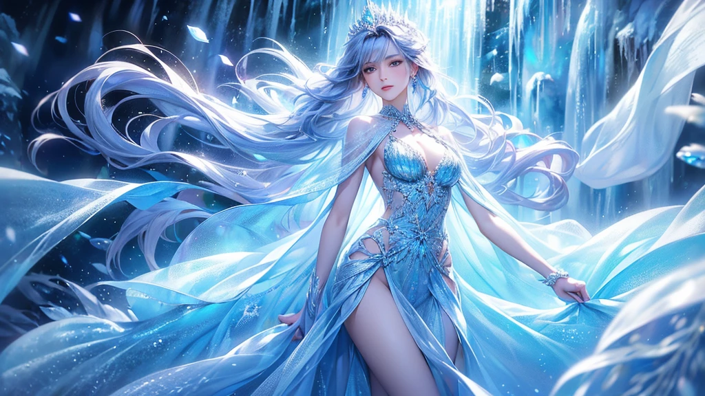 (1/2 body photo:1.5)wood, Exquisite mini ice spikes and crystals, Frozen waterfall in the background, Light reflected by ice crystals, Flowing snowflakes.1 girl、pretty girl,A realistic person,Beautiful cleavage,((small breasts)),Thin legs、tight hips、standing、Long dress
