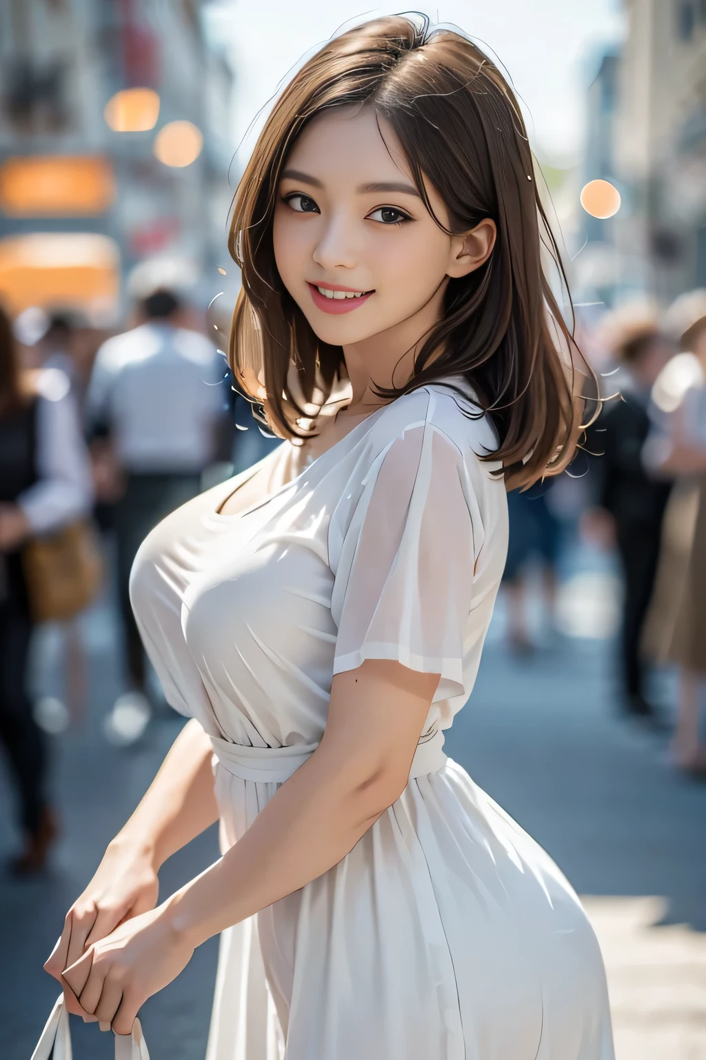 ((ultimate beautiful wife))、mature、Beautiful Face、(Big eyes:1.3), Brown eyes、Detailed lips, Beautiful eyes in every detail, double eyelid, Long eyelashes、Huge breasts, (curve), Lips parted, Beautiful teeth alignment, blush, Captivating Gaze、Captivating smile, (brunette hair up), (Sexy colorful short silk dress with perfect fit), futomomo, Sexy pose, Detailed background, background: (Celebrity Mansions)、Realistic background and accessories、((Cowboy Shot))、(Advanced Depth of Field)、((masterpiece))、((Highest quality))、reality、reality、High resolution、Very detailed、reality lighting, reality
