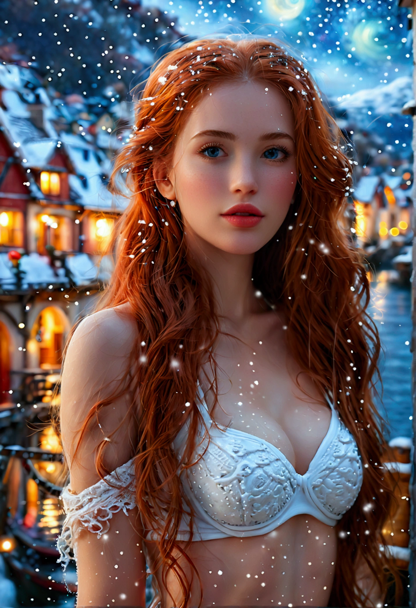 (full body shot:1.1) photorealistic image of a (standing pose:1.1) woman, ultra realistic, photography, long red hair, girl, 24 years old, hourglass figure, perfect body, Flirty look, natural medium breasts, blur background, in the harbor of a small snowy village, winter scene starry night scene. (Masterpiece, Best Quality, Highres:1.4), Detailed, Intricate Details, 4K, wearing a white bikini with snowflakes on it