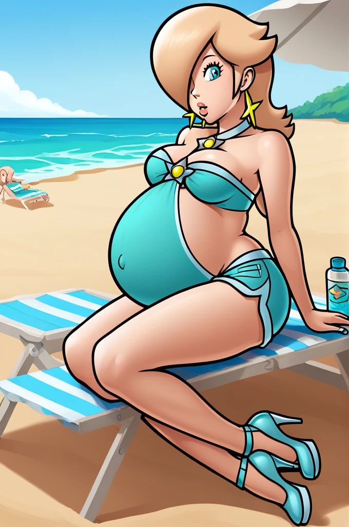 score_9, score_8_up, 1girl, solo, rosalina, style parody, thick outlines, bikini, shorts, pregnant belly, big belly, sleeveless, strapless, cleavage, indoors, beach, view, rub his belly, heels