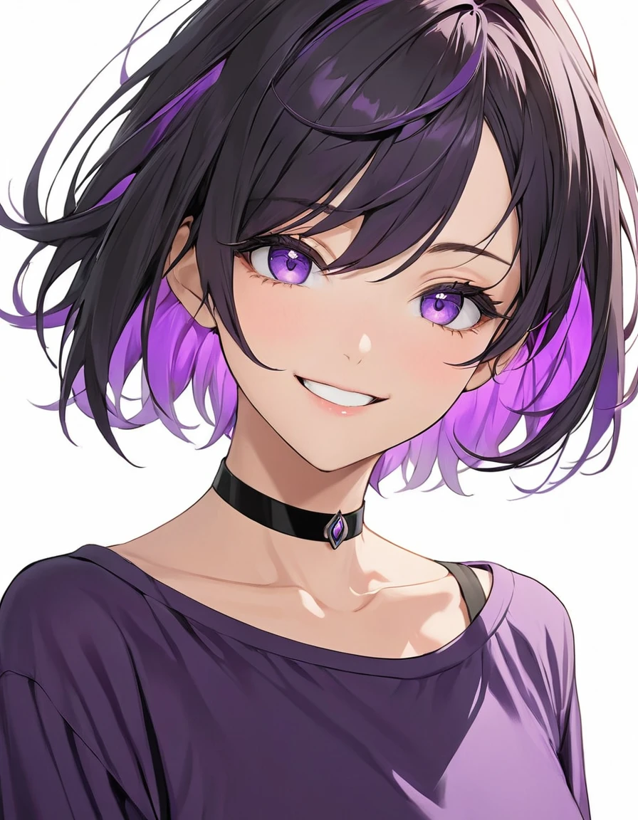 High-resolution anime digital art, Masterpiece, half body, tomboy, mature, sexy, smart, short hair color pitch black, real detail eyes pupil purple, long purple plain shirt, black chokers, Happy face (simple background, white background)