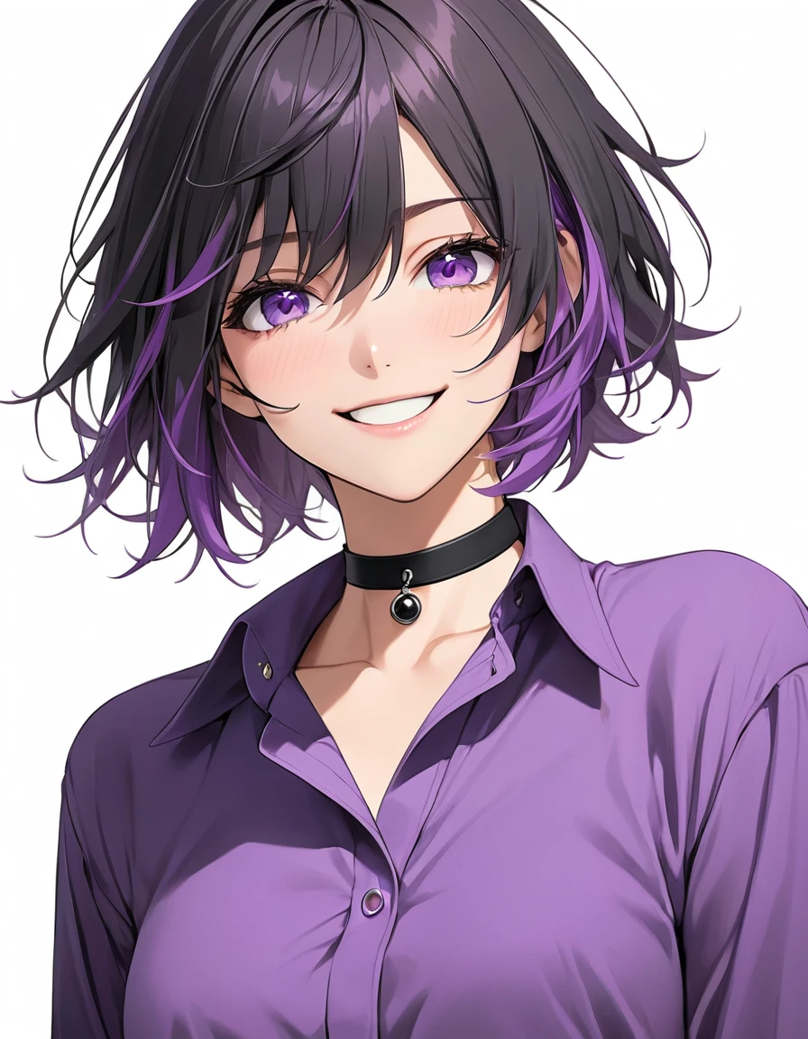 High-resolution anime digital art, Masterpiece, half body, tomboy, mature, sexy, smart, short hair color pitch black, real detail eyes pupil purple, long purple plain shirt, black chokers, Happy face (simple background, white background)