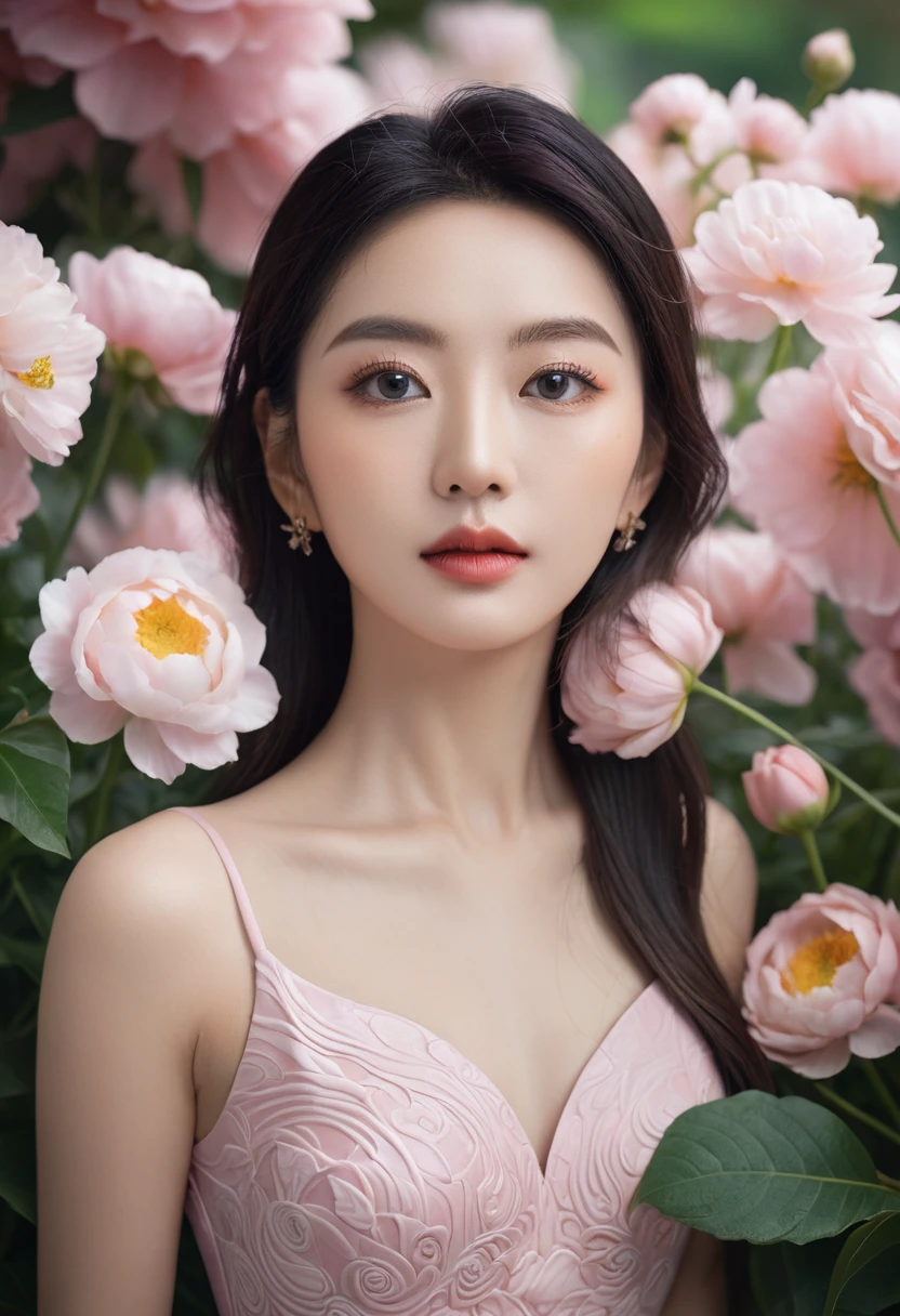 a beautiful woman in a pink dress is posing in front of flowers, in the style of samyang af 14mm f/2.8 rf, photorealistic eye, translucent resin waves, utopian vision, qing dynasty, dark white and light gray, eye-catching tags