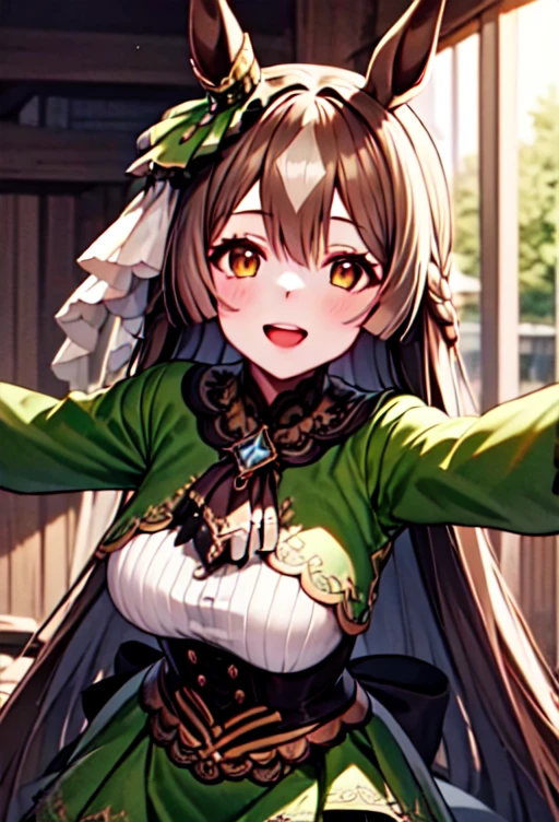 8k, RAW photo, best quality, masterpiece:1.2, ultra detailed, 1girl, archaic smile, green dress, open mouth, looking for me,  