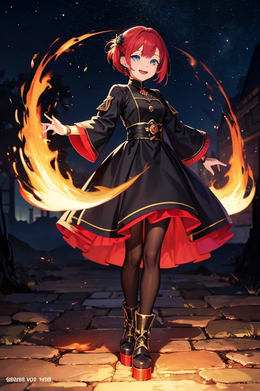 Anime Art、Full body portrait、Fantasy World Fire Wizard、A woman around 160cm tall, around 27 years old, wearing a crimson Gothic dress, walking through a burning medieval city surrounded by flames.、Long skirt that reaches the ankles、Black tights、Short medium hairstyle、Red hair、Wicked Smile、Creepy Smile、unpleasant laughter、Laughing with mouth open、Bossy smile、Laughing out loud、Tree Eyes、Eyes wide open、Small eyes、Blue Eyes、Platform boots、Gold Bracelet