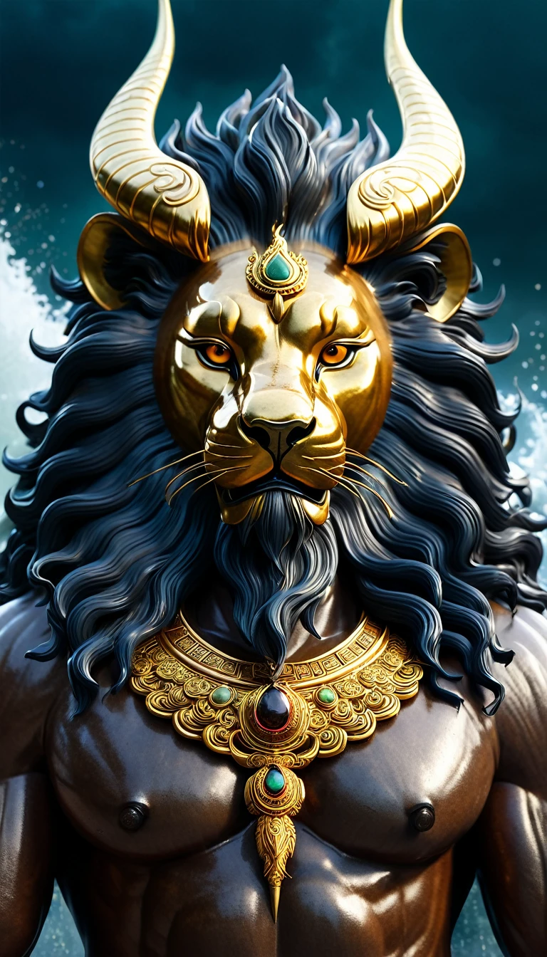 An extremely detailed close-up portrait of a half-human, half-lion deity inspired by ancient Asian legends. The figure is depicted from the waist up, with a face that combines modern beauty with the most prominent features of Thai, Korean, Hong Kong and Chinese movie stars. The face is both fierce and seductive, with sharp, penetrating eyes that seem to see through the soul, exuding power and charm. The eyes are somewhat cold, but exude a strong inner strength. The deity has a long, flowing black mane intertwined with sparkling lion fur, adding to the majestic and fierce look. The majestic lion ears and small snout protrude from the face, seamlessly blending human and lion features. The skin has a texture like delicate lion fur, with a golden glow under the bright light. The upper body is muscular and powerful, full of supernatural power. Around his neck, the deity wears an elaborate gold necklace decorated with glowing gemstones, each one pulsating with an inner light, alluding to the deity's immense power.
In one hand, the deity holds an ancient, unusual weapon - perhaps a large, mythical spear or a staff - that radiates mystical, mythical energy. The deity stands tall and majestic, a colossal figure of divine presence and supreme power. The pose is confident and dominating, towering over the dark, chaotic world behind him. The backdrop is a stormy seascape with huge waves crashing violently, the sky is dark and ominous, filled with swirling storm clouds and lightning.
The entire scene conveys a sense of the deity's epic scale and divine power. Rendered in a surreal digital art style with dramatic lighting, the image adds to the intense atmosphere and highlights the deity's divine appearance. The contrast between the calm, powerful demeanor of the deity and the chaos of the surrounding elements emphasizes their control over the forces of nature, asserting their dominance and supreme power.