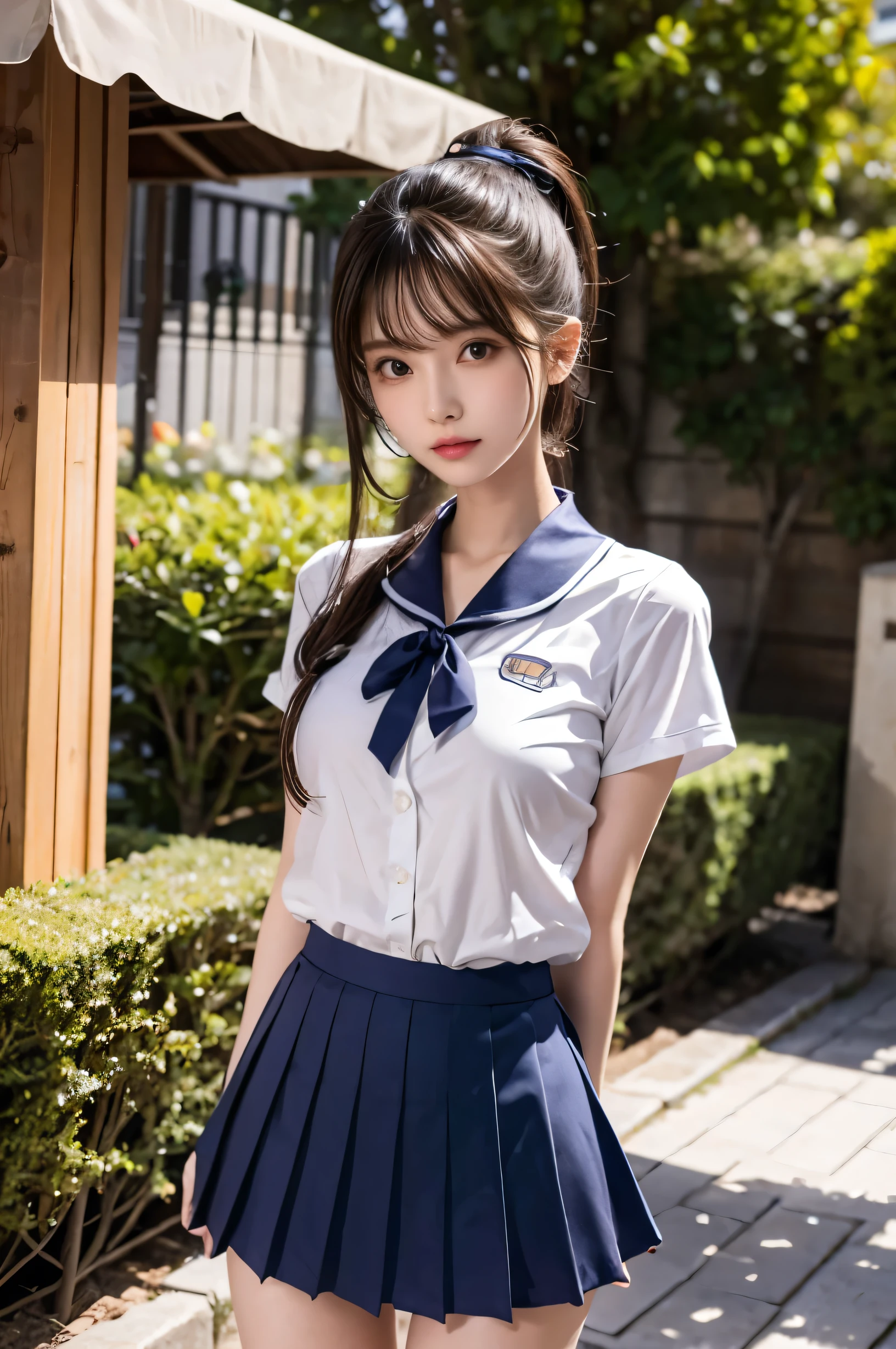 (Ultra HD), (Sailor suit, Navy blue mini skirt), Big Breasts, slender, whole body, Standing posture, (Clean and shiny skin, Whitening, No makeup), (Super slim face, Super beautiful face), (Light Brown Ponytail, Layered Cut, Fluffy hair), (double eyelid, Slanted Eyes), Small Nose, Thin lips, Thin legs, school gate
