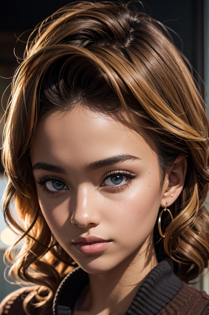 An African-Latina woman, aged 18, biracial woman, mixed-race, 1girl, solo, athletic build, dark-skinned, modest bust size, blonde hair, brown eyes, African nose, big lips, long curly hair, tight curls, constricted pupils, wearing a brown sweater, Hyperrealism, cinematic lighting, bust chart, perspective, Ultra-Wide Angle, Nikon, masterpiece, high quality, super detail, textured skin, highres, best quality, whole body photo