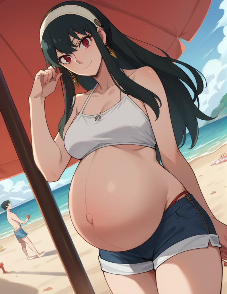 score_9, score_8_up, score_7_up, source_anime,
yorbriar, yor briar, black hair, red eyes, earrings, white hairband, hairband, long hair, sidelocks,
bare shoulders, bikini, shorts, thighs,
Beach, smile,
looking at viewer, dutch angle, cowboy shot, pregnant, huge belly